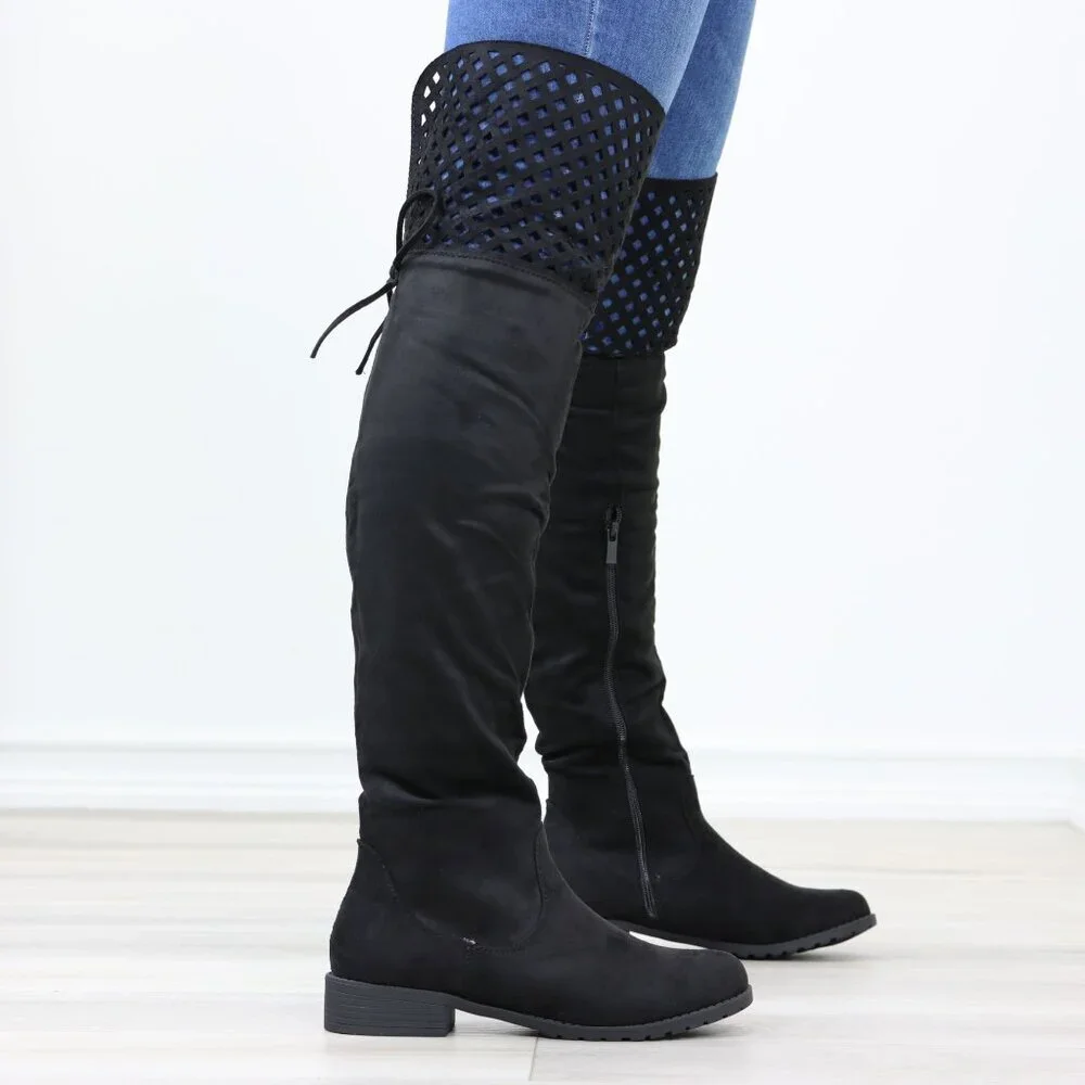 Black Thigh High Over The Knee Flat Boots Faux Suede - Picture 6 of 15